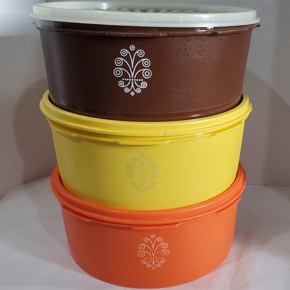 Tupperware Other - 3 Round Tupperware Servalier Stacking Canister Sets 1 Brown 1 Orange 1 Yellow